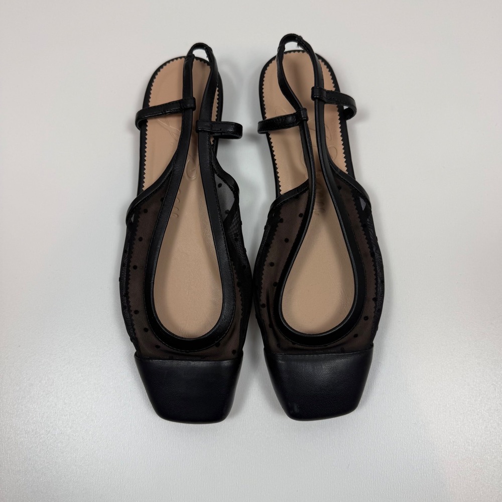 J.Crew Black Leather Polka Dot Mesh Square Toe Slingback Flats BP561 Size 5.5